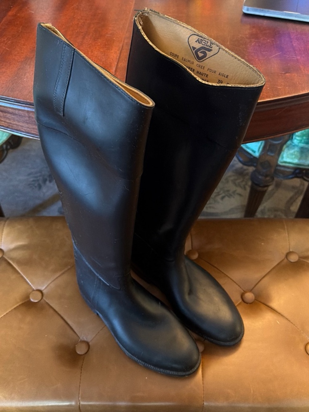 Aigle Navy Blue Leather Tall Boots